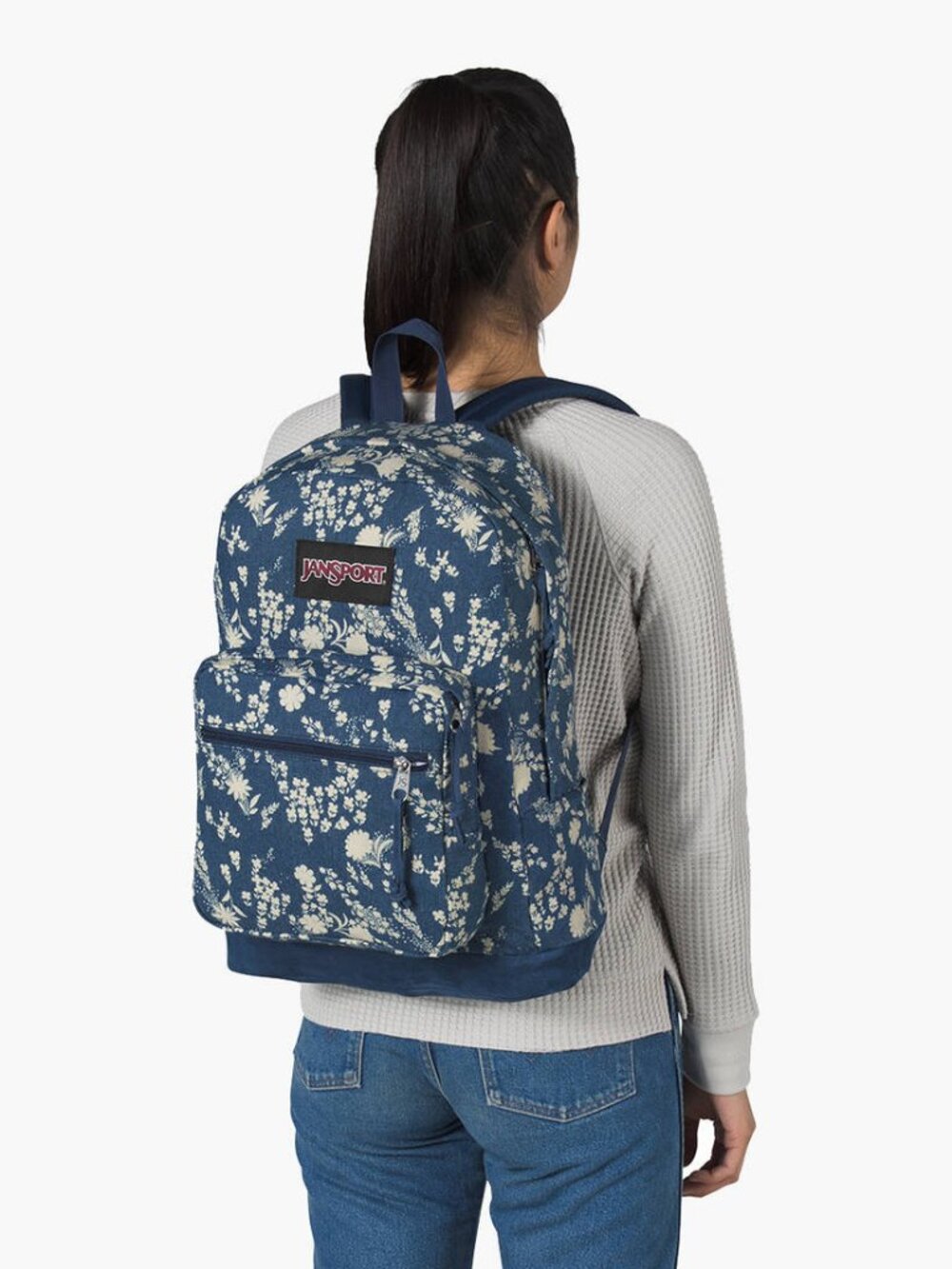 JanSport Denim Floral Backpack Blue White Vintage Style School Travel Bookbag